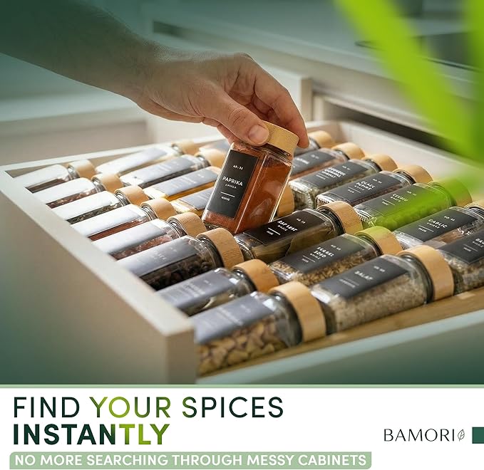 Expandable Bamboo Spice Drawer Organizer – Adjustable Tiered Spice Rack Insert for Kitchen Drawer – Premium Bamboo Seasoning Organizer for Drawer Storage (Need 3" Deep Drawer)
