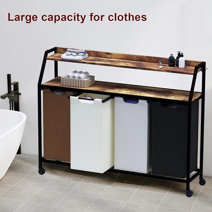 Timberer Laundry Hamper, Laundry Sorter 4 Section, Rolling Laundry Basket with Wheels, 2 Shelves, 4 × 14.5 Gal, Pull-Out and Removable Oxford Fabric Bags, for Laundry Room, 4 Colors