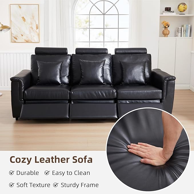 LEVNARY 3-Seater Modular Reclining Sofa, Upholstered Faux Leather Power Recliner Couch with 3 Electric Seats, 3 Pillows & Side Pockets, Adjustable Back & Footrest, Living Room Furniture (Black)