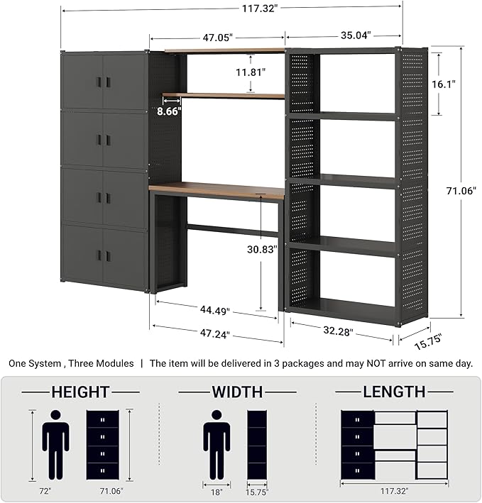 FLEXIMOUNTS Garage Storage Cabinet System, 3-in-1 Modular Metal Tool Cabinet w/Workbench and Metal Board Shelf Includes Pegboard, 24-Gauge Steel, 117"(L) w/ 4 Doors, Black, FLEXIMOD Series