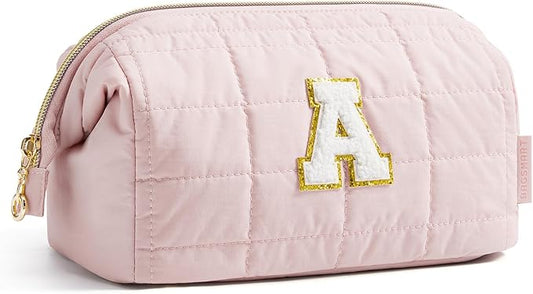 BAGSMART Birthday Gifts Personalized Initial Makeup Bag, Trendy Stuff Gifts for Women Bridesmaid Graduation, Puffy Padded Make Up Bags for Women, Wide-open Toiletry Bag, Pink A