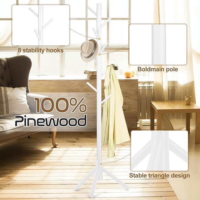 Solid Wooden Coat Rack Freestanding, New Zealand Pine Coat Tree with 8 Hooks & 3 Adjustable Sizes for Coats, Hats, Handbags and Scarves, Space Saving for Entryway/Office/Bedroom (White)