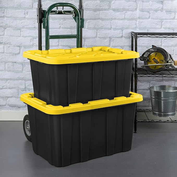 6-Pack 27-Gallon Industrial Totes - Rugged Black & Yellow Plastic Storage Bins with Secure Snap-On Lids, Stackable Design for Garage, Warehouse or Workshop Organization