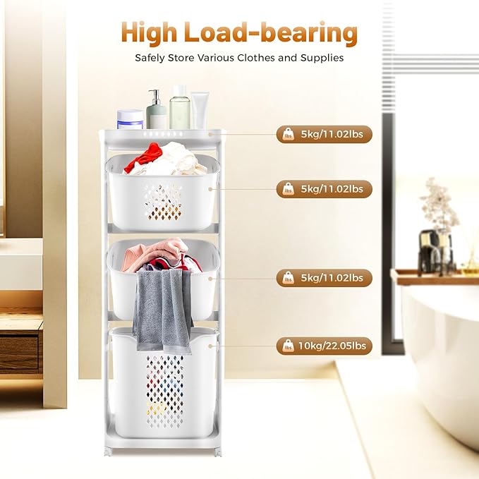 Laundry Basket Organizer, 3-Tier Rolling Laundry Basket with Wheels, Laundry Hamper Sorter for Bathrooms, Bedrooms, Classrooms, Laundry Rooms Clothes Storage