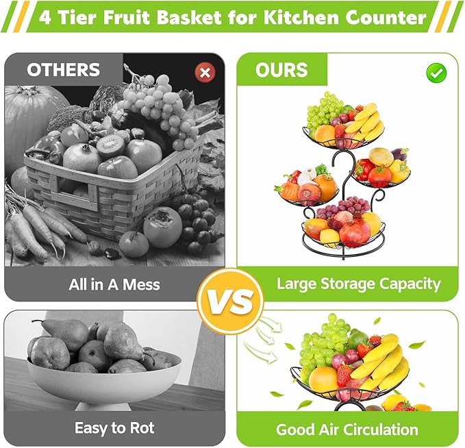 PouHenier.jh 4 Tier Fruit Basket Stand for Counter, Kitchen Tiered Fruit Bowl Organizer for Dining Table Countertop, Multi Level Fresh Produce and Vegetable Holder Rack, Sturdy Metal Wire, Black