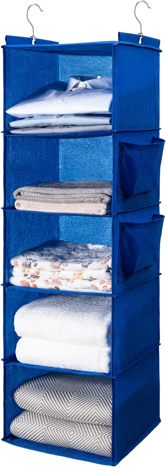 BOOMIBOO Hanging Closet Organize and Shelves，5-Hanging Shelf with 2 Side Pockets，Storage Foldable （Blue）