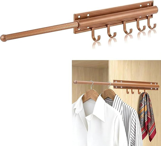 12 inch Valet Rod for Closet Pull Out, Closet Valet Rod Slide Out Pull Out Clothes Hanger With 4 Hooks Closet Organization and Storage (Brown gold)