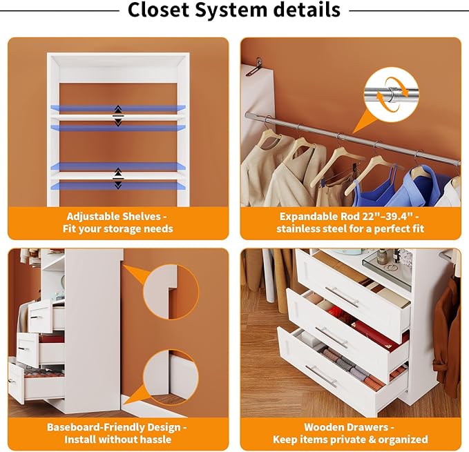 Closet System with 4 Sets, 8FT-21FT Closet Organizer Systems with 9 Wooden Drawers 9 Shelves & 5 Hanging Rods, Walk in Closet freestanding Small Corner Modular Closet Storage System White (8FT)