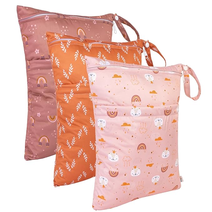 babygoal Wet Dry Bags for Baby Cloth Diapers, Washable Travel Bags, Beach, Pool, Gym Bag for Swimsuits & Wet Clothes with Two Zippered Pockets 3 Pack, 3LN15
