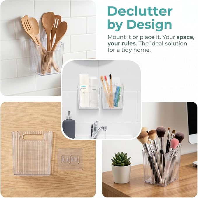 WRINGKIT 6 Pack Wall Mount Storage Bins, Plastic Clear Shower Basket Caddy with Self-Adhesive Hooks, Stackable Hanging Bin Basket Organizer Holder for Cabinet, Kitchen, Bathroom, Pantry, Under Sink