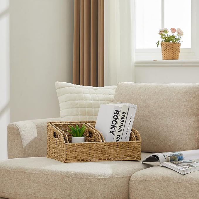 Pantry Organizers, Handwoven Large Wicker Baskets for Shelves & Kitchen, Labeled Storage Baskets for Organizing with Handles - Paper Storage Bins for Shelves, 3 Pack, Natural
