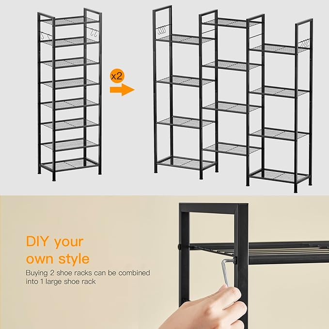 usikey 8 Tiers Narrow Shoe Rack 16-24 Pairs, Sturdy Metal Tall Shoe Rack with 4 Hooks, Slim Shoe Storage Organizer with Metal Shelf, Space Saving Vertical Shoe Shelf for Entryway Black UNYXJX016H