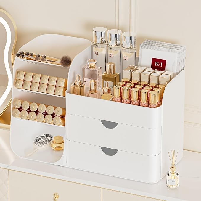 Booklov Makeup Organizer for Vanity, Countertop Cosmetic Display Case with Drawers, Bathroom Counter Beauty Caddy, Comfyroom Table Storage Holder for Skincare, Brush Eyeliner Eyeshadow Lipstick, White