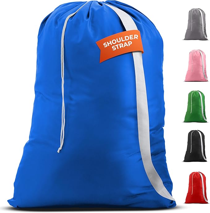 Handy Laundry Bag Shoulder Strap Extra Large - Drawstring Locking Closure, Durable Material, Heavy Duty Stitching, Hands Free Carrying - Perfect College Dorm (Blue, 30" x 40")