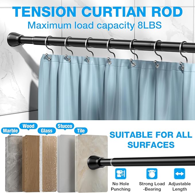 MEXAU Shower Curtain Rod 44-77 inch Black Tension Rod Shower rod Non Slip Tension Curtain Rod Adjustable Curtain Rods No Drilling Shower Rods for Bathroom Windows Closet