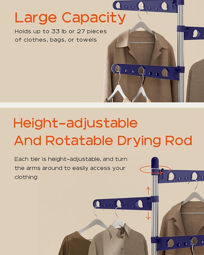 CASAMAYA Clothes Drying Rack Foldable, 70.9 inch Tripod Drying Rack for 35 Pieces of Clothes, with Height-Adjustable Rotatable Clothes Rails, Space Saving, Stainless Steel, Blue and Silver CDR005Q01