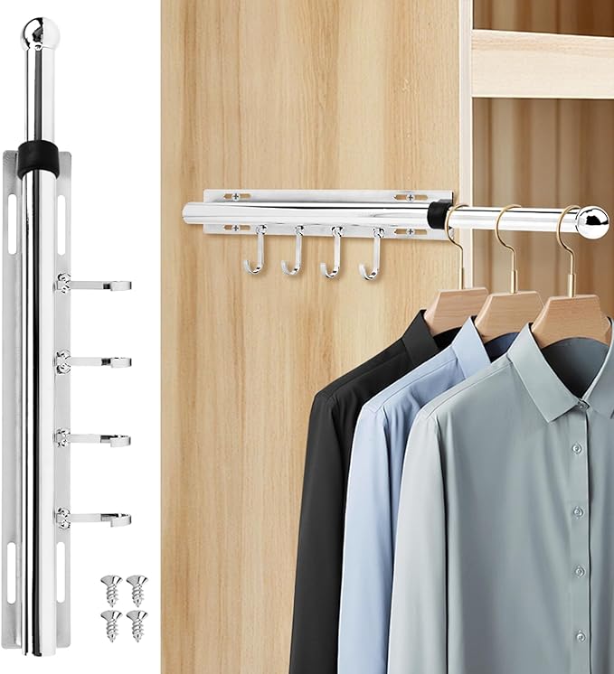 12 Inch Valet Rod for Closet Pull Out, Retractable Slide Out Clothes Hanger with 4 Hooks, Closet Rods for Hanging Clothes Laundry Room, Bedroom, Bathroom(COLOR:Sliver)