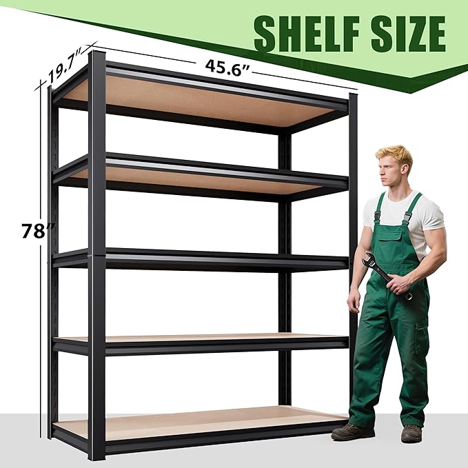 AOARGG 78"H-45.6"W Garage Shelving Heavy Duty Storage Shelves, Metal Adjustable Shelving Unit, Utility Garage Organizer Shelf for Basement, Pantry, Kitchen, Warehouse, 45.6" W x 19.7" D x 78" H, Black
