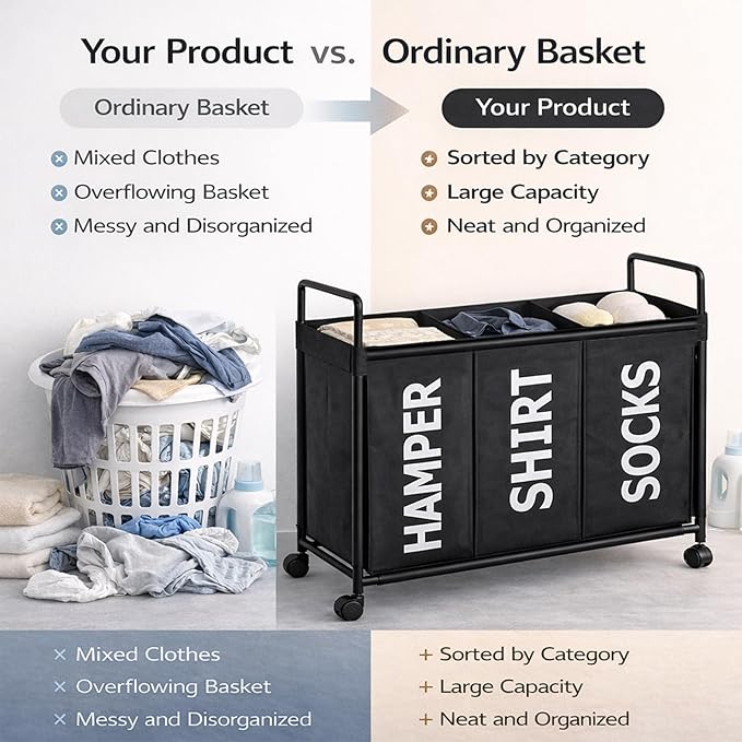 Rolling Laundry Hamper 3 Section with Wheels, Heavy Duty Metal Frame, Waterproof Polyester Fabric, Large Capacity Laundry Sorter for Easy Pre-Sorting and Effortless Transport