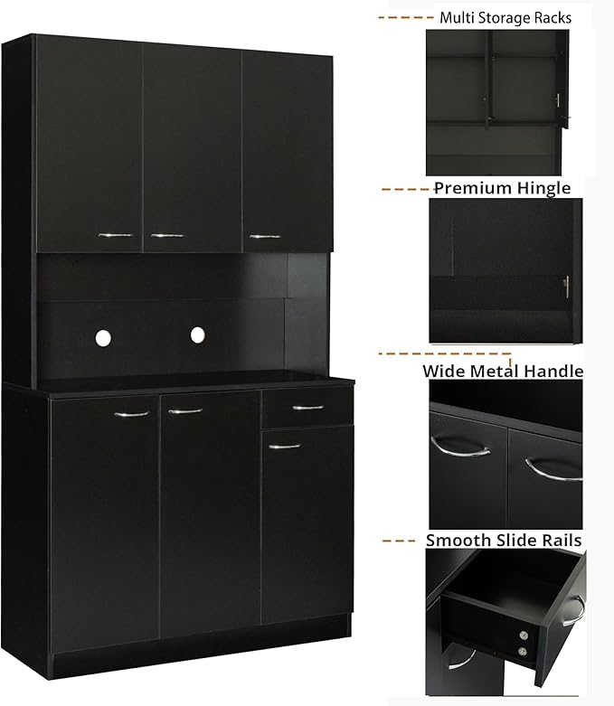 Modern Kitchen Pantry Cabinet, 70.86" Tall Freestanding Cupboard with Multi-Tier Storage Rack and Microwave Stand for Kitchen, Living Room,Black