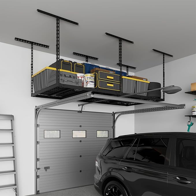 Jusgym 3X6FT Overhead Garage Storage Rack, 26"-40" Height Adjustable Garage Ceiling Storage Racks, Heavy Duty Metal Overhead Storage Organizer System, 450LBS Weight Capacity
