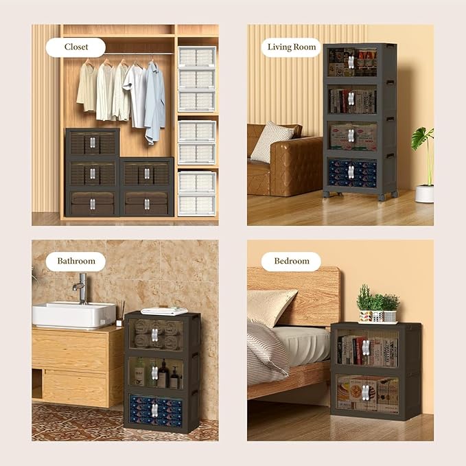 131QT Stackable Storage Bins with Lid & Door, Large Collapsible Plastic Storage Containers with Locking Wheel, Space Saving Foldable Organizer for Home Bedroom Office Gray 5T
