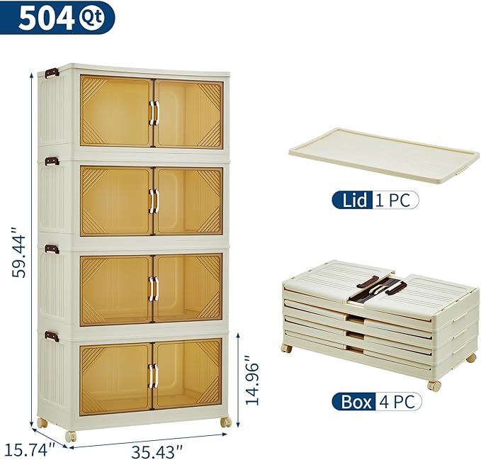 GarveeHome 504QT Stackable Storage Bins, Folding Storage Box with Magnetic Doors & Wheels, Loset Organizers and Storage with Lids, Collapsible Plastic Drawers for Bedroom Kitchen Office, White