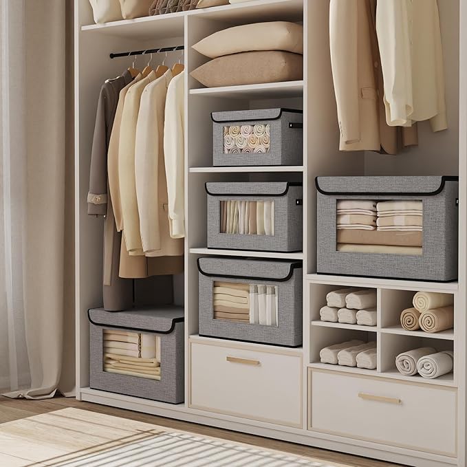 Foldable Storage Baskets with Lids, Fabric Closet Organizers with Handles, 13 x 9.1 x 7.9 Inch Storage Boxes for Shelves, Gray, 5-Pack