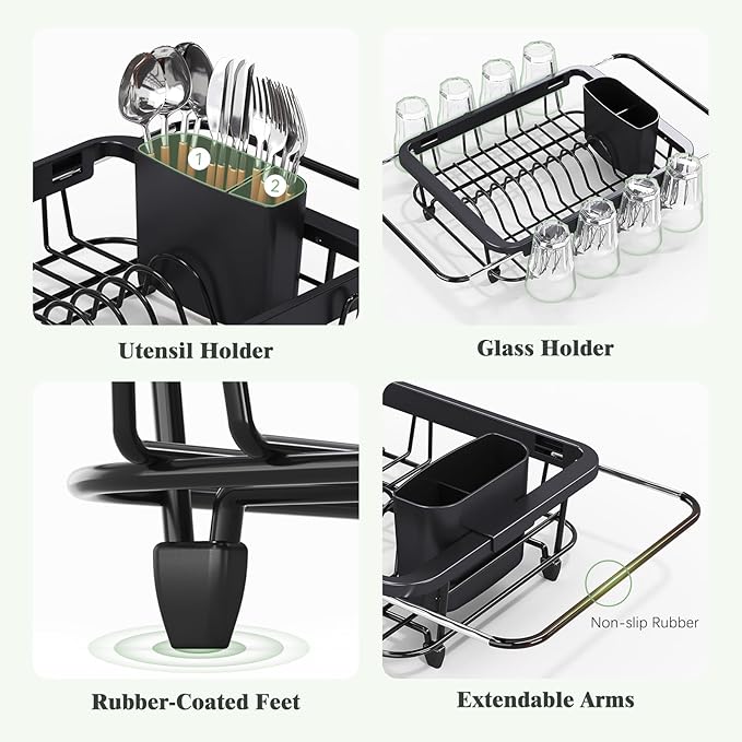 Urackify Expandable Dish Drying Rack Over The Sink, Adjustable Dish Rack in Sink, Rustproof Dish Drainer for Kitchen Counter, Dish Strainer with Utensil Holder, Black