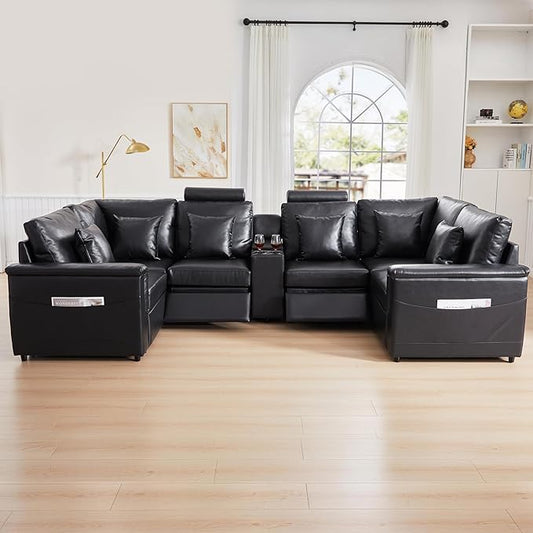 LEVNARY 6-Seat U Shaped Modular Sectional Sofa with Power Recliners, Upholstered Faux Leather Couch Storage Console with Charging Ports & Cup Holders, Living Room Couch Set for Home Office (Black)