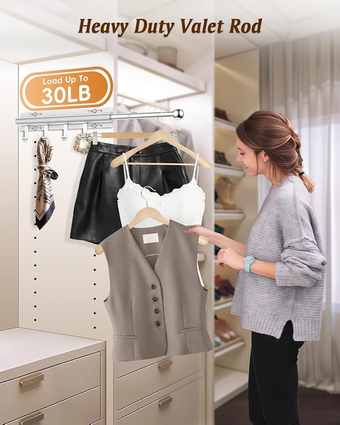 Supforce Valet Rod for Closets, 12" Valet Rod With 4 Hooks, Closet Organizer Slide Out Clothing Hanger Rods Extender Perfect for Suits,Dresses,Belt,Tie, White