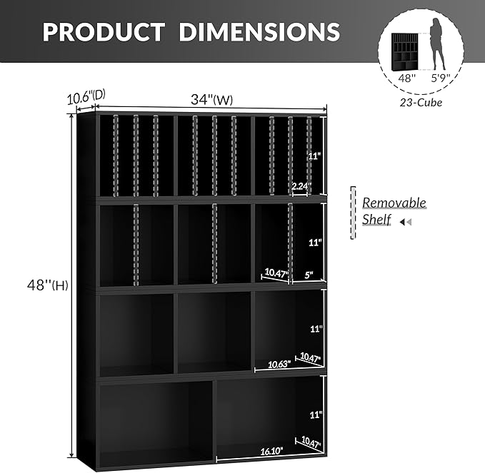 IOTXY DIY Modular Cube Bookcase - CubeXY Customizable Stackable Expandable Combination Set, 23-Cube Open Bookshelf for Books, Fabric Storage Bin, and 7/10-inch Vinyl Record Organizer, Black
