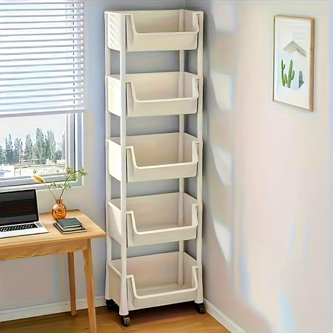 5-Tier Rolling Storage Cart - Multi-Level Metal Organizer with Wheels for Bedroom, Kitchen, Bathroom - Easy Assembly