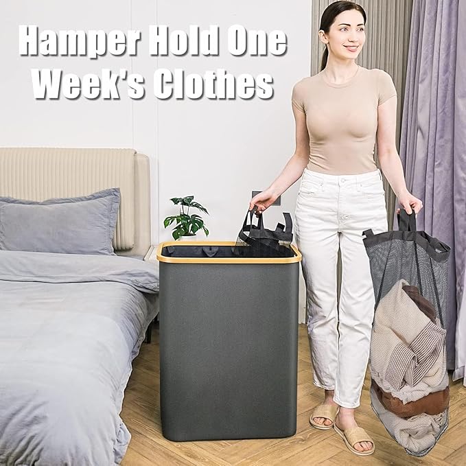 Laundry Hamper with Lid, 145L Extra Large Hamper 3 Section Dirty Clothes Hampers for Divided Basket Organizer for Bedroom, Laundry Room, Grey