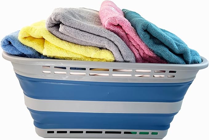 SAMMART 42L (11 gallons) Collapsible Plastic Laundry Basket - Portable Pop Up Storage Container/Organizer - Portable Hamper - Space Saving Easy Storage (Grey/Mist Blue (Set of 2))
