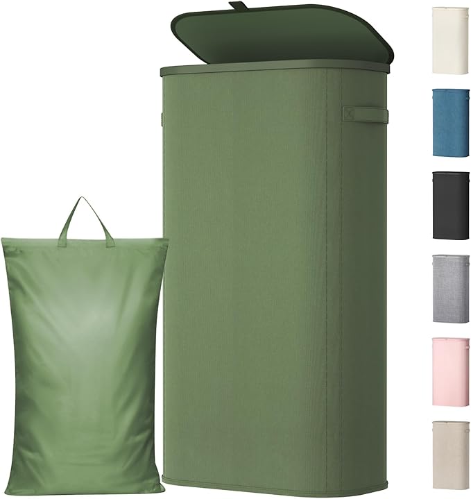 Lifewit 75L Slim Laundry Basket with Lid, Narrow Large Laundry Hamper with Plastic Handles and Removable Bag, Tall Foldable Dirty Clothes Hampers for Laundry Room, Bedroom, Bathroom, Dorm, Green