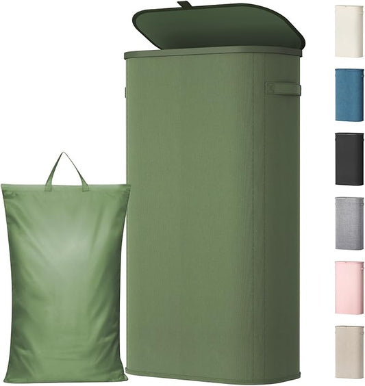 Lifewit 75L Slim Laundry Basket with Lid, Narrow Large Laundry Hamper with Plastic Handles and Removable Bag, Tall Foldable Dirty Clothes Hampers for Laundry Room, Bedroom, Bathroom, Dorm, Green
