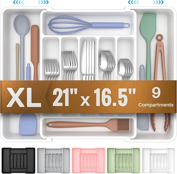 ukeetap Extra Large Expandable Silverware Organizer, BPA-Free Food-Safe Cutlery Flatware Organizer, Kitchen Utensil Drawer Organizer, Adjustable Silverware Holder for Spoons Forks Knives, White