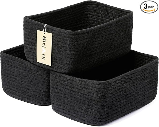 MiniArk Small Storage Baskets for Organizing | Closet Organizer Bins | Shelf Toy Basket | Woven Rope Baskets | Cube Decorative Box | Shallow Basket | 11.5x7.5x4.7” | 3 Packs Black