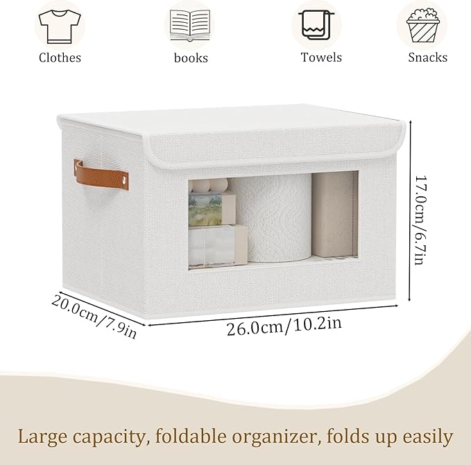 Fabric Storage Boxes with Lids, 10.2 x 7.8 x 6.7 Inch Closet Organizers for Shelves, Foldable Storage Bins with Handles, White, 5-Pack