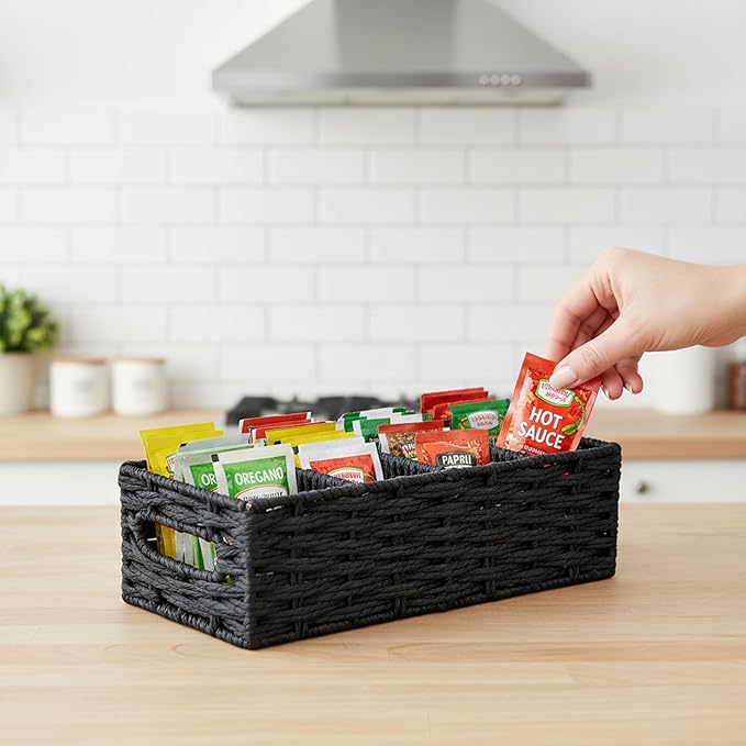 4-Compartment Seasoning Packet Organizer with Removable Dividers, Kitchen Packet Organizer for Spice, Gravy, Taco and Dressing Packets, Pantry Cabinet Countertop Storage Box