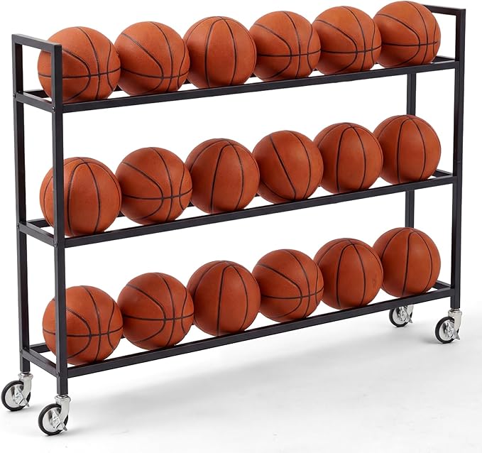 Colingmill Heavy Duty Basketball Rack with Wheels, Multi-Tier Rolling Ball Storage Cart, Sports Equipment Organizer for School, Gym, Club Shoot Training