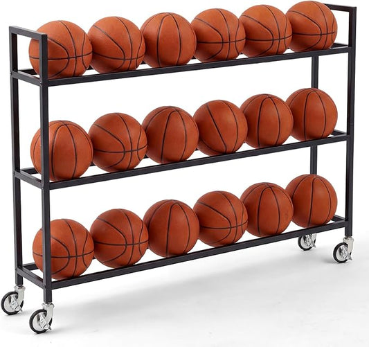 Colingmill Heavy Duty Basketball Rack with Wheels, Multi-Tier Rolling Ball Storage Cart, Sports Equipment Organizer for School, Gym, Club Shoot Training