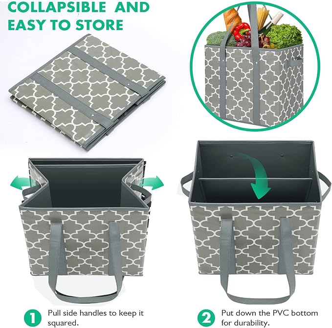 WISELIFE Reusable Grocery Bags 2-Pack Foldable Washable Storage Bins Basket Water Resistant Shopping Utility Tote Bag Grey