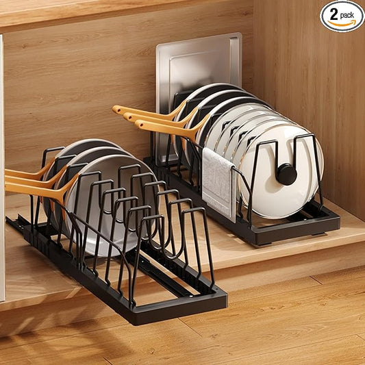 Mustorn 2 Pack Pots and Pans Organizer Under Cabinet, 21.6" Deep Pull Out Pot Lid Organizer Holder with Guardrail Adhesive Pot and Pan Holder Rack with 10 Adjustable Dividers(Black)