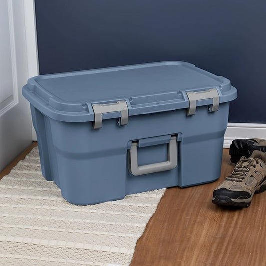 14 Gallon Heavy Duty Plastic Footlocker Storage Bin with Lockable Lid and Handle, Blue, 23.125" x 17.75" x 12