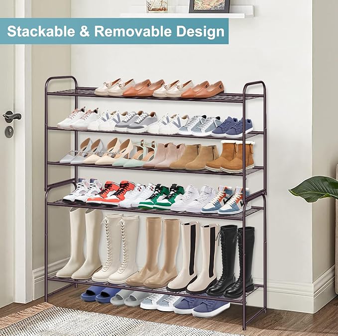 AOODA Long 3 Tier Metal Shoe Rack for Closet Wide Stackable Shoe Storage Organizer for Entryway, Bedroom, Floor, 24-Pairs Men Sneakers Shoe Shelf with Wire Grid, Brown