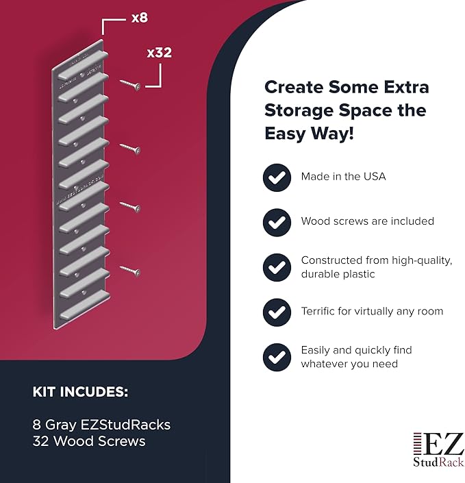 Made in USA EZStudRack Adjustable Shelf Brackets, 8-Pack (4 Pairs) – Easy-to-Adjust One-Row Storage for Custom-Fit Shelves – Your Items, Your Wood, You Supply It