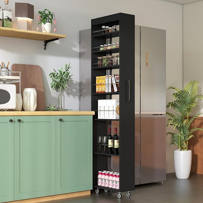 KEIKI 7 Tier Pull-Out Kitchen Pantry Storage Cabinet, Multi-Tier Single-Sided Open Shelf, Spice Rack Next to Fridge, Wood Hutch Food Pantries Cupboard for Coffee Bar, Dining Room, Narrow Spaces