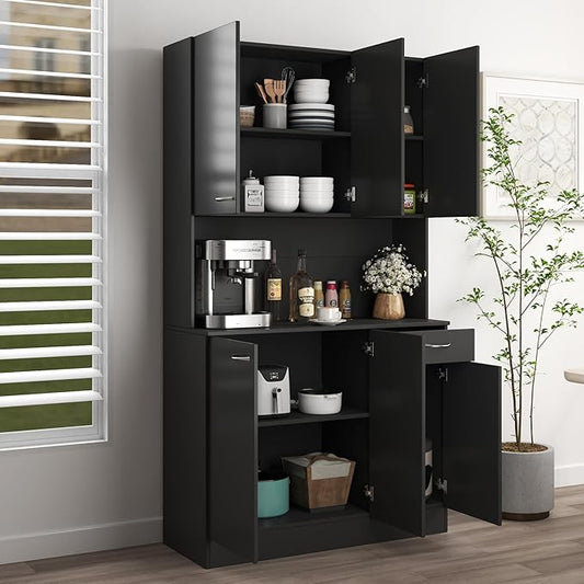 Modern Kitchen Pantry Cabinet, 70.86" Tall Freestanding Cupboard with Multi-Tier Storage Rack and Microwave Stand for Kitchen, Living Room,Black